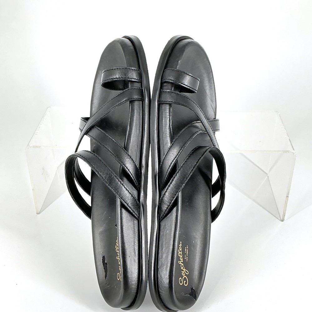 Seychelles Size 8 Black Leather Strappy Toe Loop Slide Sandals Rule the World - Picture 12 of 15